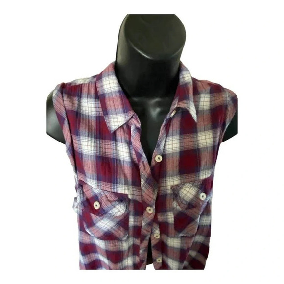 Forever 21 Short Sleeve Tank Top Plaid Button Up Casual Size Med Top Lightweight - Picture 9 of 11